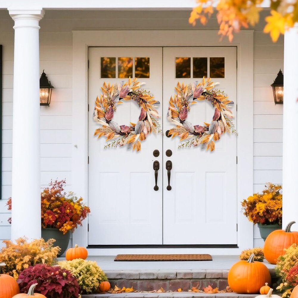 1338 20 Inch Fall Wreath Autumn Harvest Front Door Wreath with Leaves - Picture 8 of 8